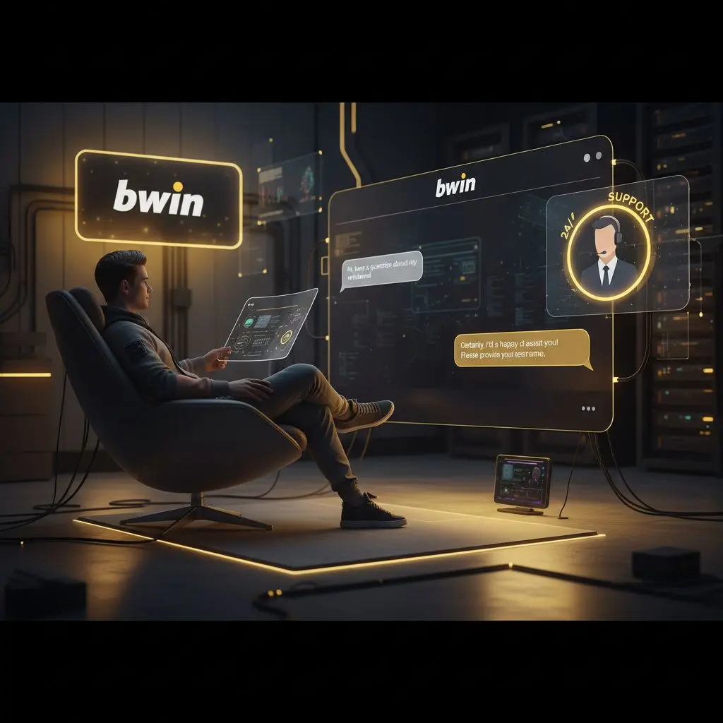 Χρήστης συνομιλεί με agent στο live chat της Bwin, τονίζοντας τη 24/7 υποστήριξη