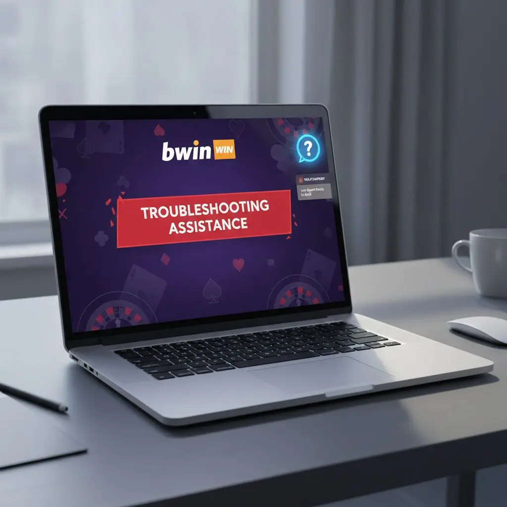 Λάπτοπ με bwin casino και εικονίδιο υποστήριξης για επίλυση προβλημάτων PayPal