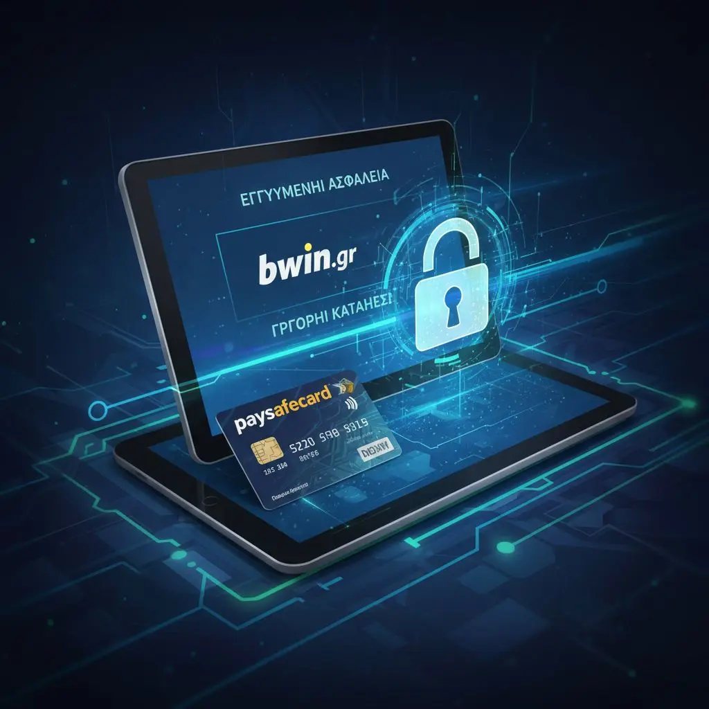 Προπληρωμένη κάρτα paysafecard δίπλα σε οθόνη bwin, έμφαση στην ασφάλεια και την άμεση κατάθεση