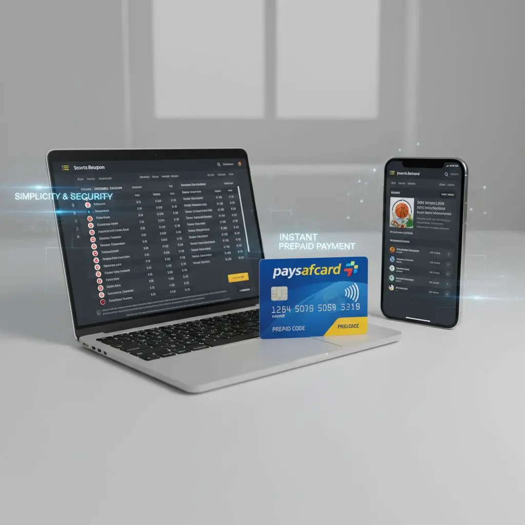paysafecard δίπλα σε laptop με στοιχηματική οθόνη, έμφαση στην προπληρωμένη μορφή