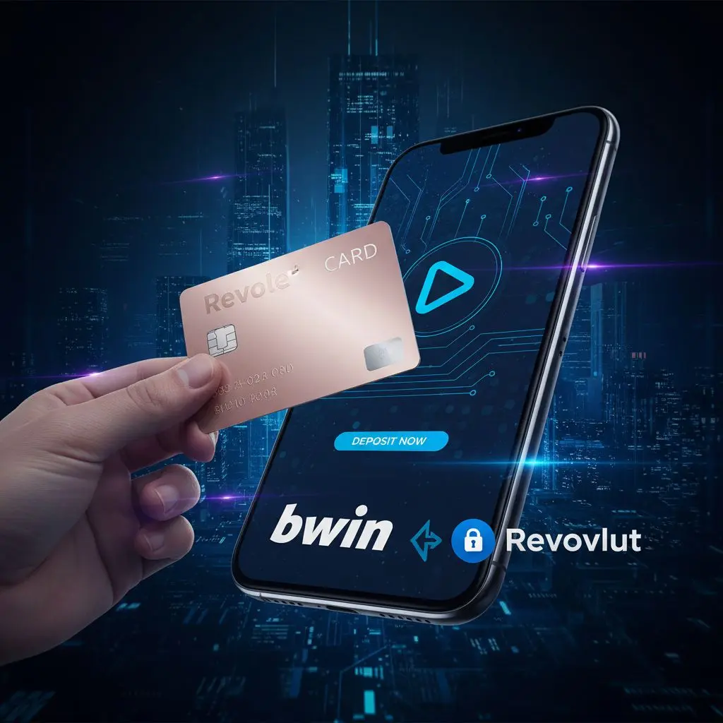 Ψηφιακό banner με κάρτα και κινητό Revolut μπροστά σε sportsbook περιβάλλον bwin